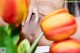 A woman with her tongue sticking out in front of a bunch of tulips.